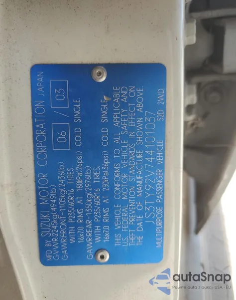 2004 Suzuki Xl7 Ex из США, поврежденный, VIN JS3TY92V744101037